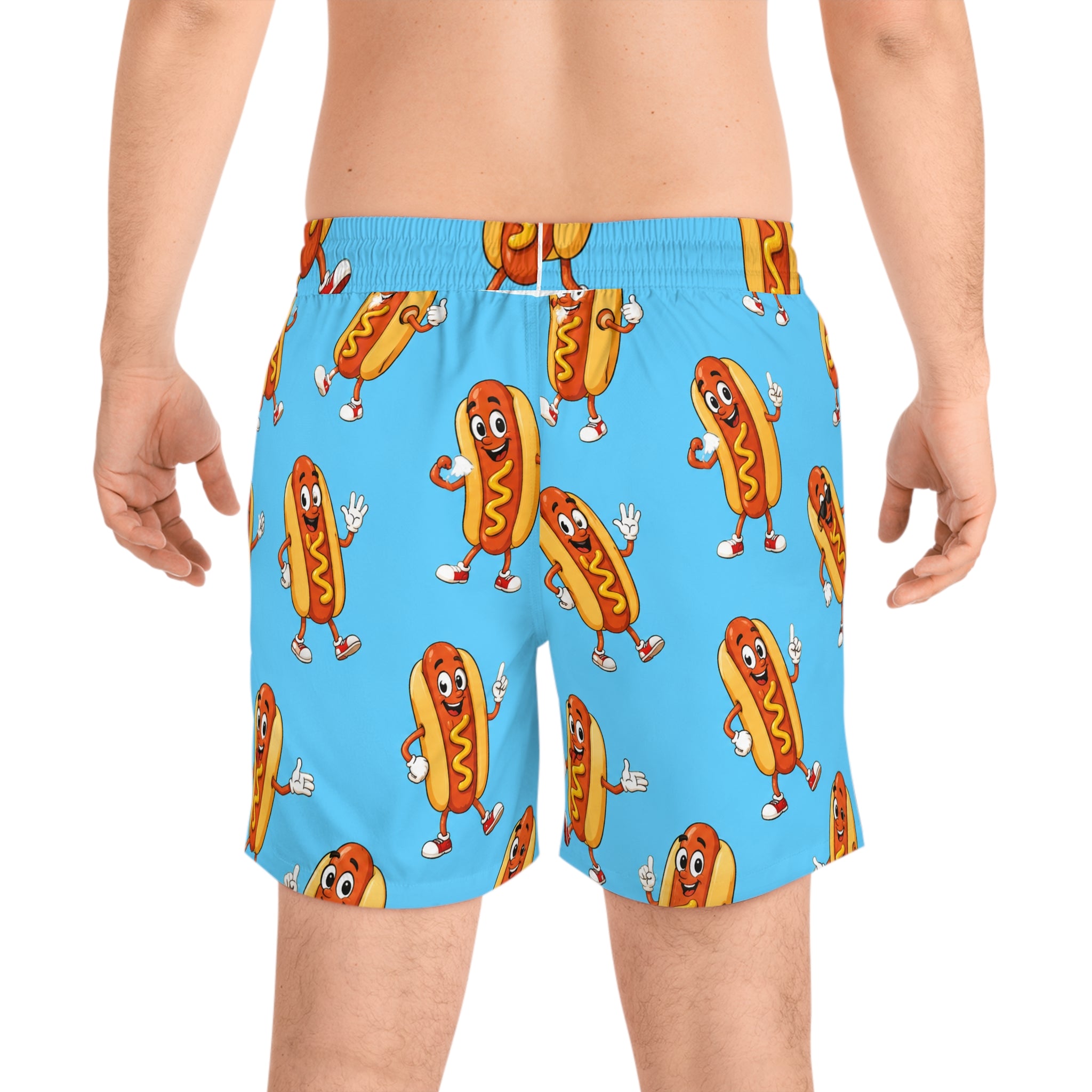 Dancing Hot Dog Pattern Swim Shorts | Blue AOP Beach Trunks