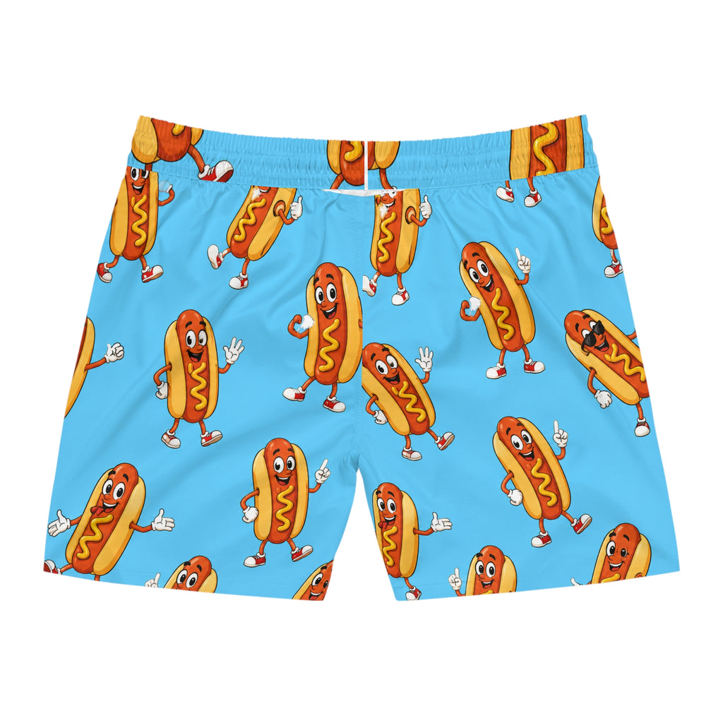 Dancing Hot Dog Pattern Swim Shorts | Blue AOP Beach Trunks