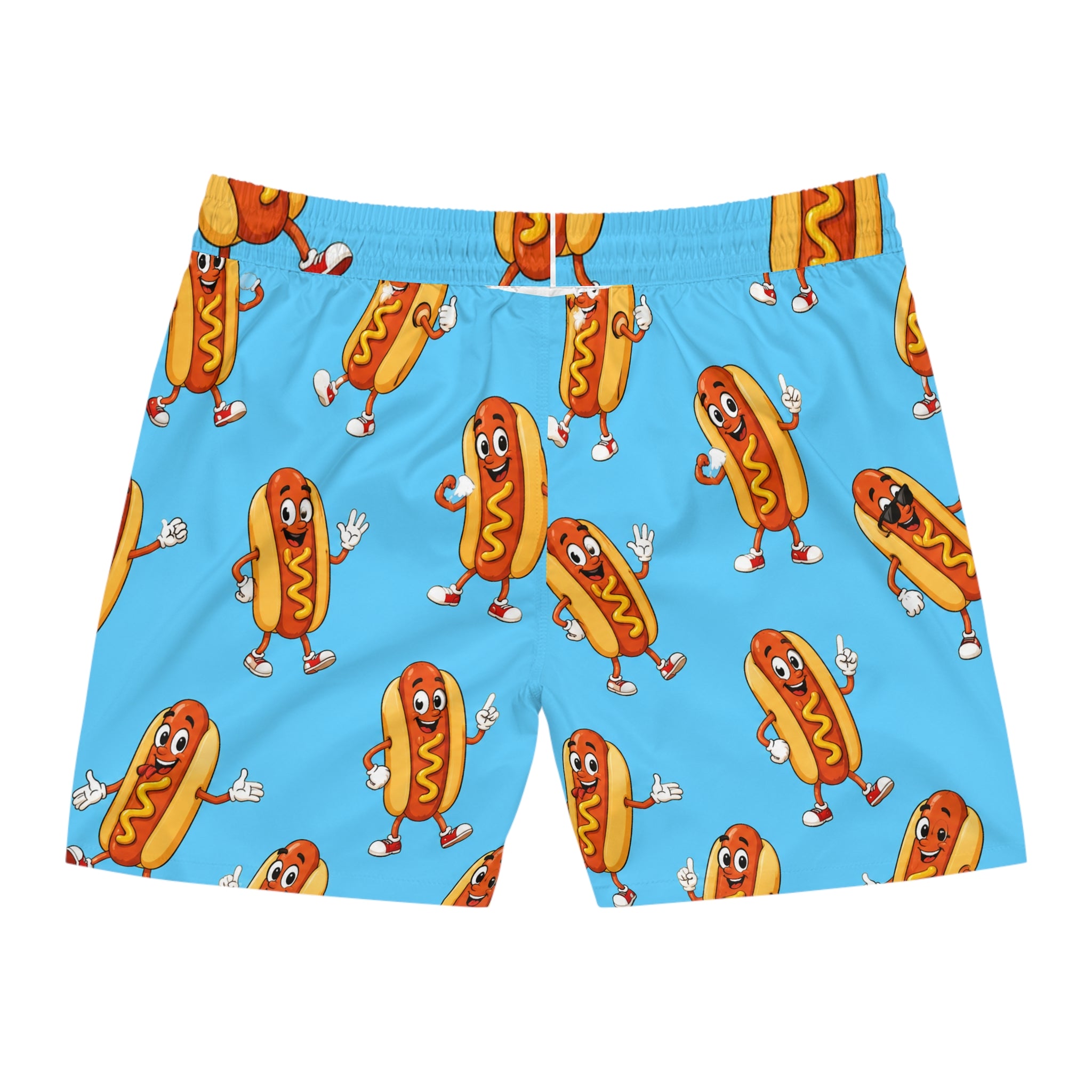 Dancing Hot Dog Pattern Swim Shorts | Blue AOP Beach Trunks