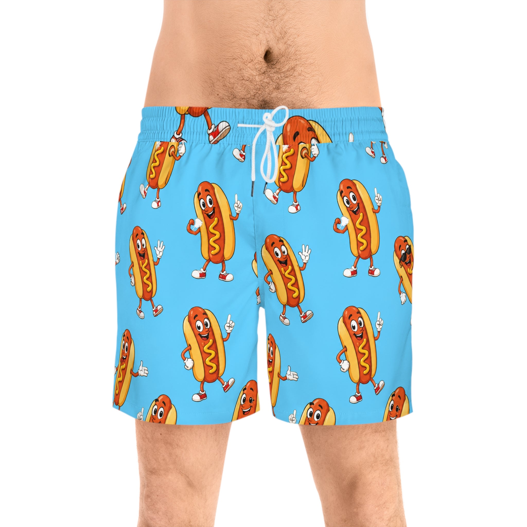 Dancing Hot Dog Pattern Swim Shorts | Blue AOP Beach Trunks