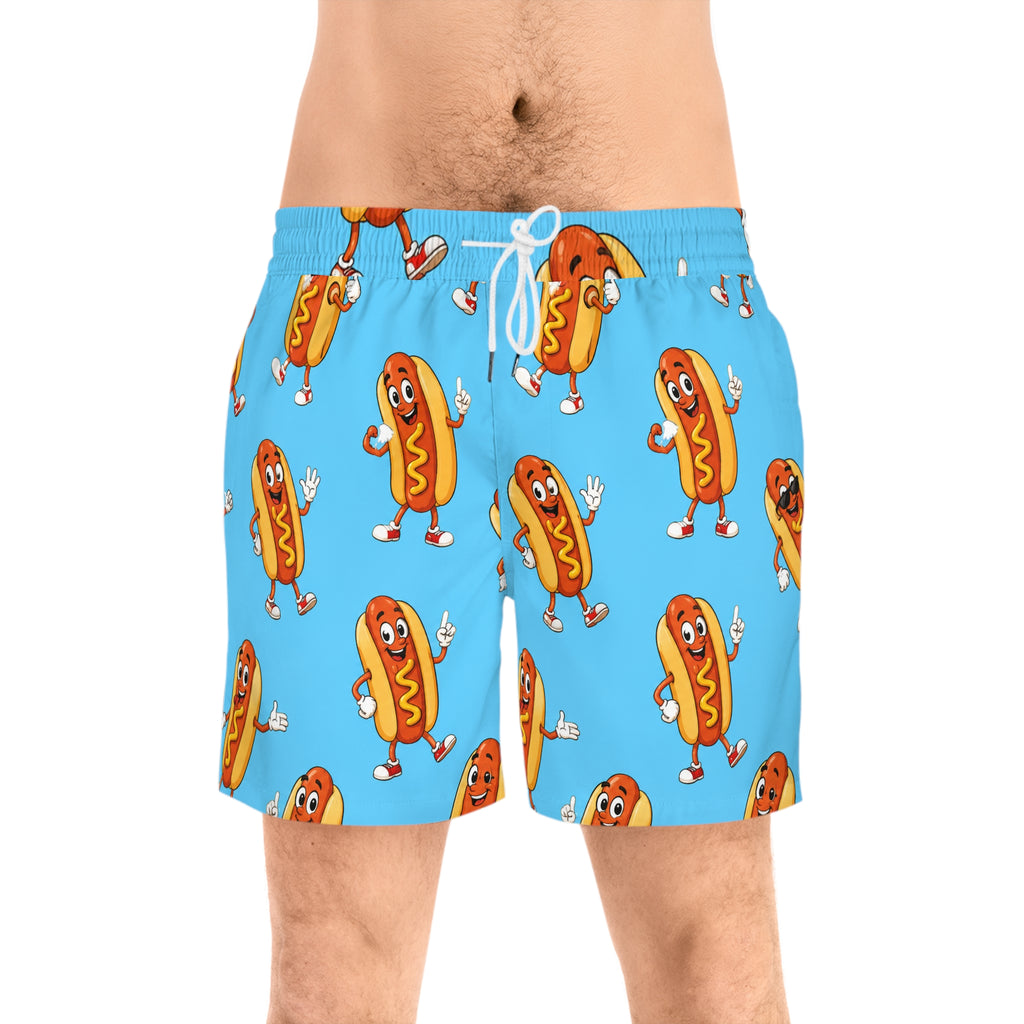 Dancing Hot Dog Pattern Swim Shorts | Blue AOP Beach Trunks