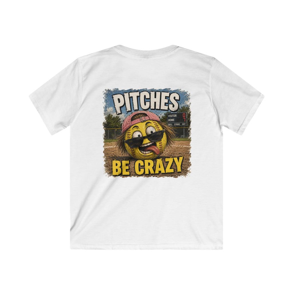 Kids T-Shirt - 'Pitches Be Crazy' Funny Softball Smile Emoji Tee
