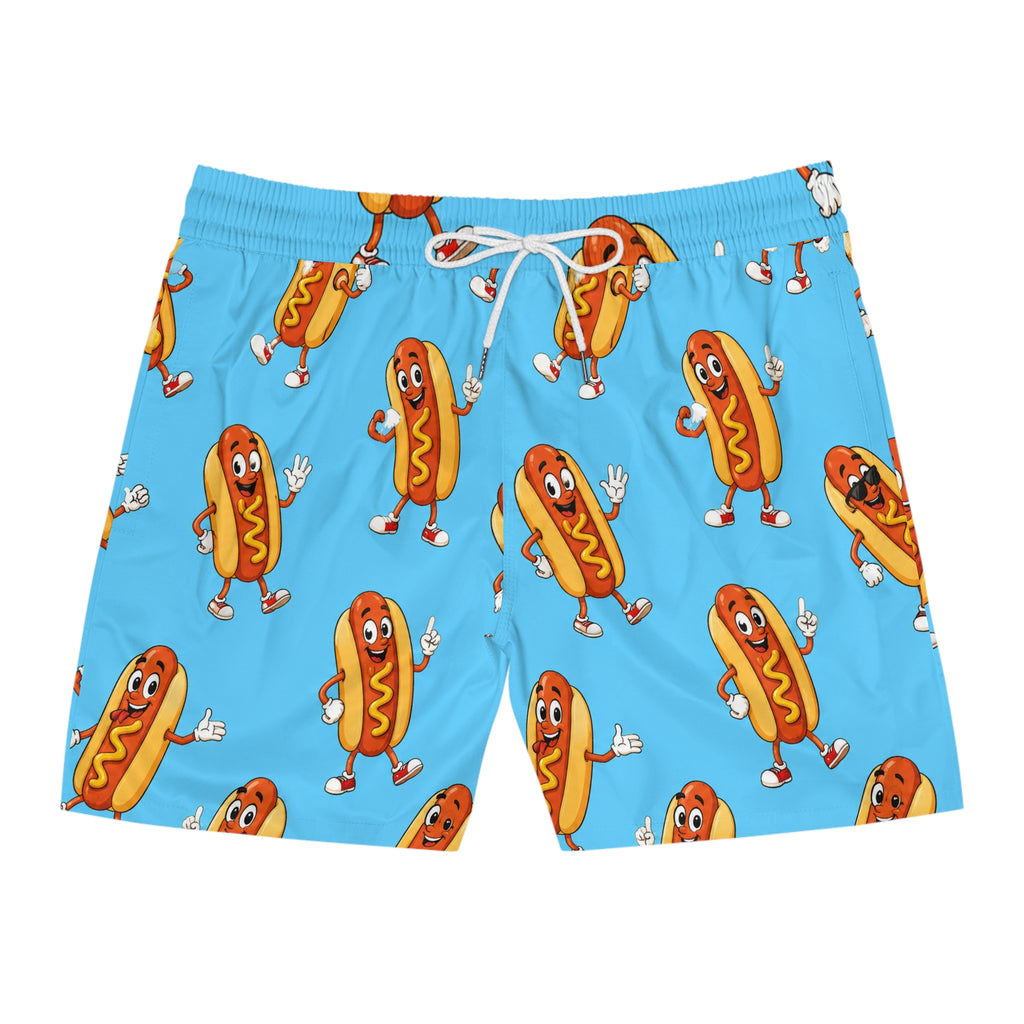 Dancing Hot Dog Pattern Swim Shorts | Blue AOP Beach Trunks